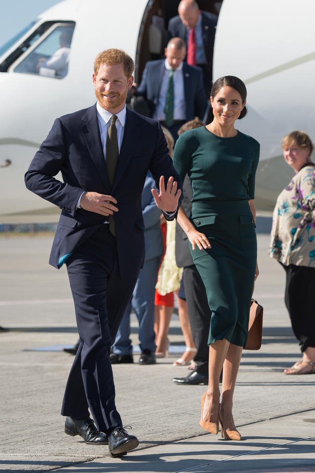 Meghan, Duchess of Sussex and Prince Harry, Duke of Sussex arrive at the airport for their visit to Ireland on July 10, 2018 in Dublin, Ireland.
